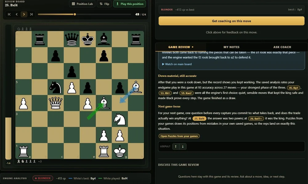 Blueprint Chess game review with a board showing a capture, the engine’s suggested bishop move, and coaching for the next game.